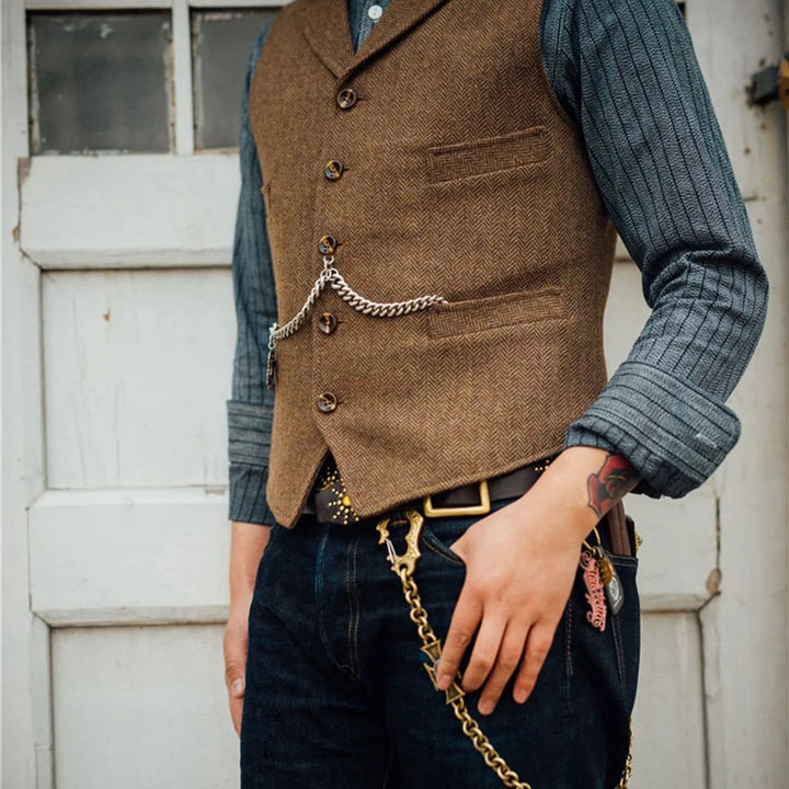 Suit Vest with Lapel: Casual Brown Wool Herringbone Waistcoat for Groomsmen