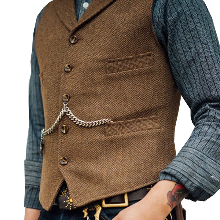 Suit Vest with Lapel: Casual Brown Wool Herringbone Waistcoat for Groomsmen