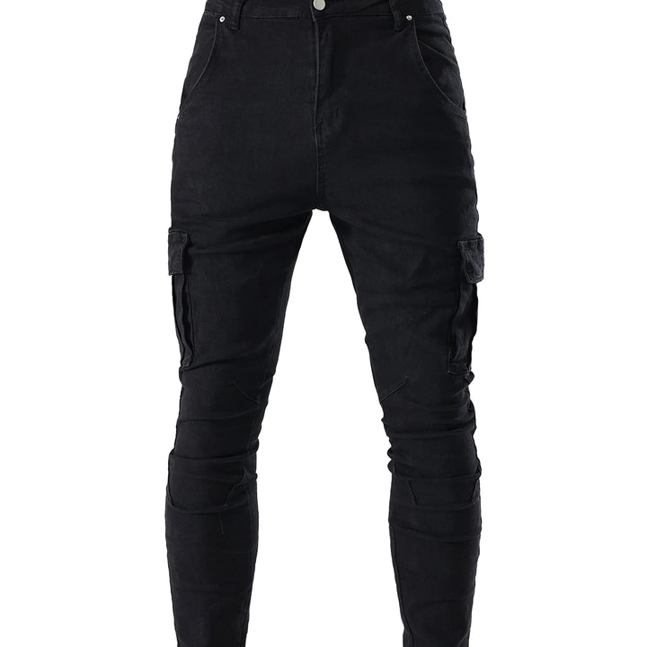 Men's Elastic Slim Fit Cargo Jeans: Solid Color Denim Pants with Multi Pockets