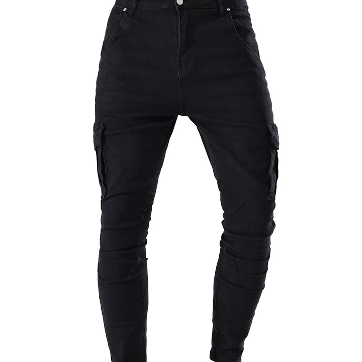 Men's Elastic Slim Fit Cargo Jeans: Solid Color Denim Pants with Multi Pockets