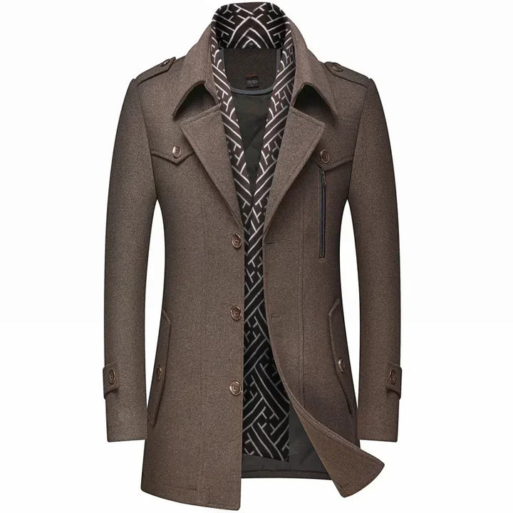 Men's Warm Woolen Coat - Mid-Length Trench, Turn-Down Collar