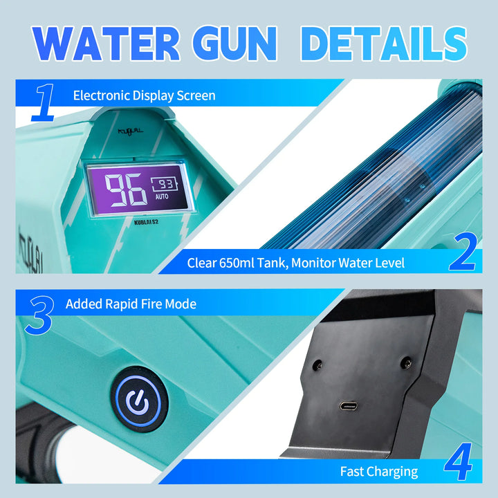 Electric Water Blaster Toy Gun - Auto Refill, Powerful Water Squirt with LED Light