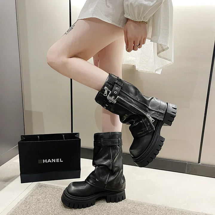 Women's Fashion Boots with Belt Buckle Design