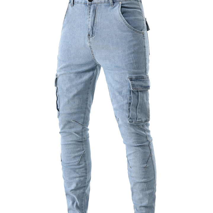 Men's Elastic Slim Fit Cargo Jeans: Solid Color Denim Pants with Multi Pockets