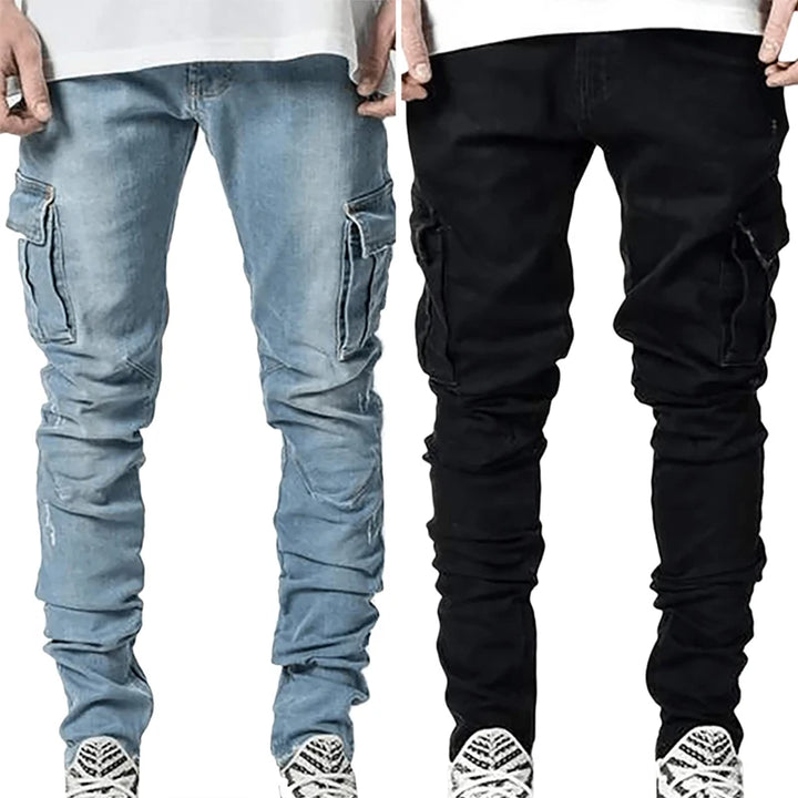 Men's Elastic Slim Fit Cargo Jeans: Solid Color Denim Pants with Multi Pockets