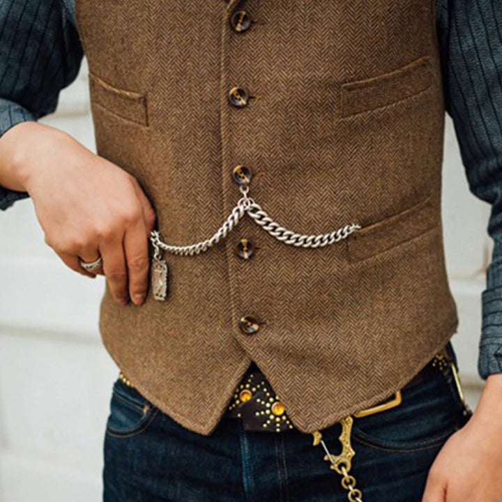 Suit Vest with Lapel: Casual Brown Wool Herringbone Waistcoat for Groomsmen