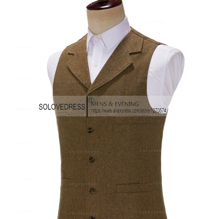 Suit Vest with Lapel: Casual Brown Wool Herringbone Waistcoat for Groomsmen