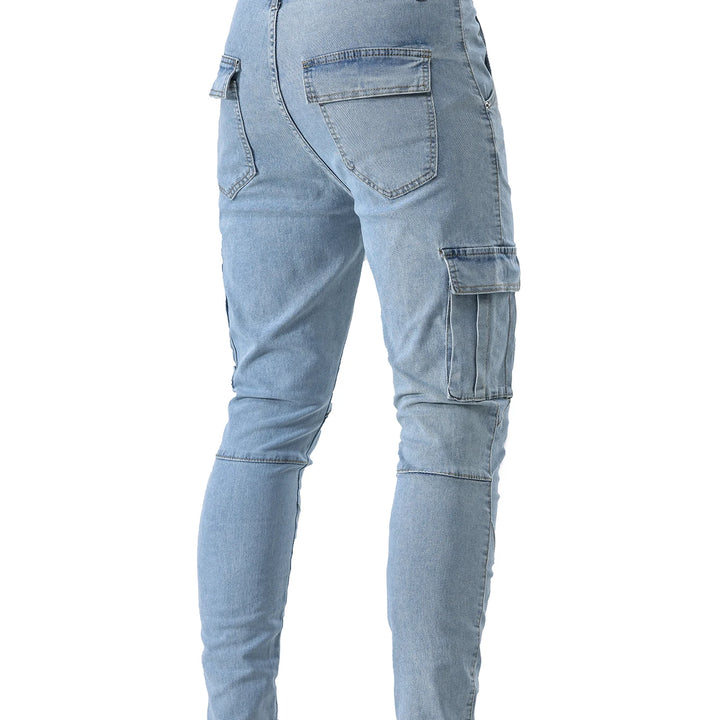 Men's Elastic Slim Fit Cargo Jeans: Solid Color Denim Pants with Multi Pockets