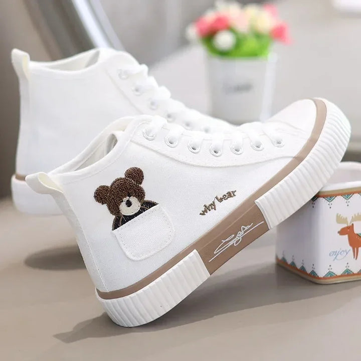 Cute Women's Canvas Shoes with Bear Pocket