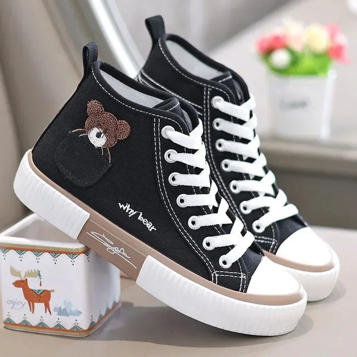 Cute Women's Canvas Shoes with Bear Pocket