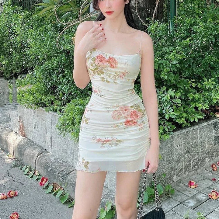 Retro Flower Mesh Halter Dress for Women