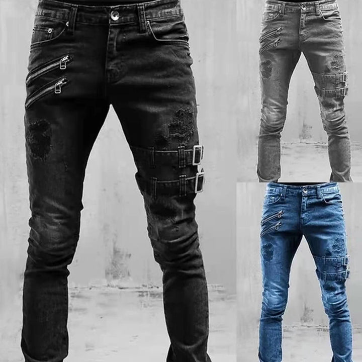 Men's Moto Biker Straight Jeans - Elastic with Zipper Hole for Streetwear Style