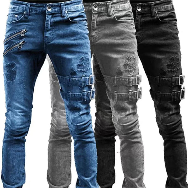 Men's Moto Biker Straight Jeans - Elastic with Zipper Hole for Streetwear Style